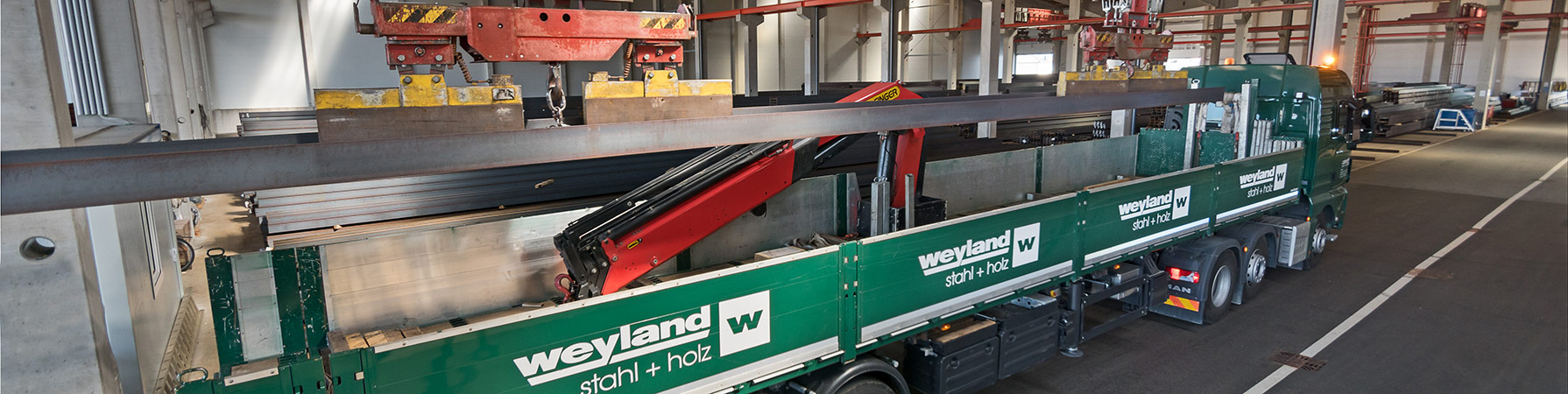 Logistik Weyland Logistik – Beladung eines Weyland-LKWs mit einem Kran für effizienten Warentransport